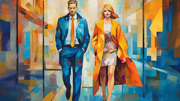 Uma pintura de um casal andando na cidade