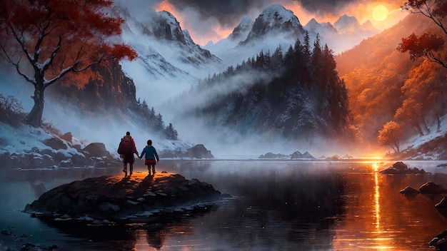 Uma pintura de um casal caminhando ao lado de um lago com montanhas ao fundo.