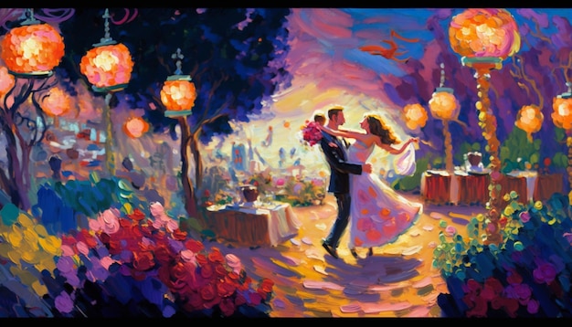 Uma pintura de um casal dançando em um jardim com uma lâmpada de rua ao fundo.