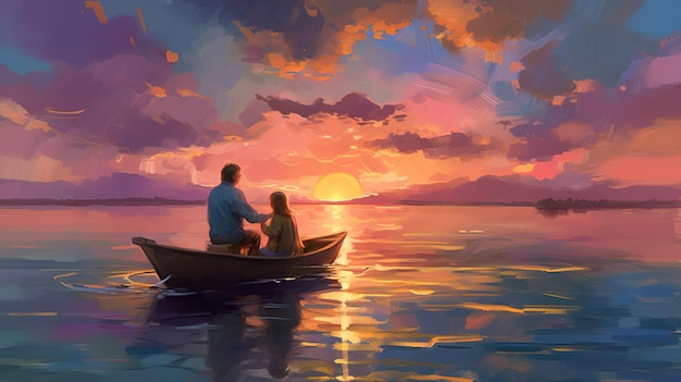 Uma pintura de um casal em um barco em um lago com um pôr do sol ao fundo.