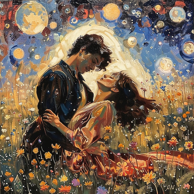 uma pintura de um casal em um campo de flores com a lua atrás deles