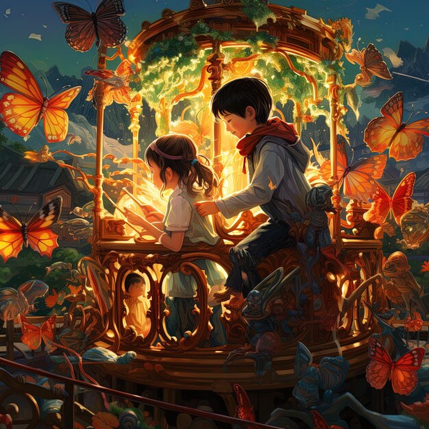 uma pintura de um casal montando um trem com borboletas e uma libélula