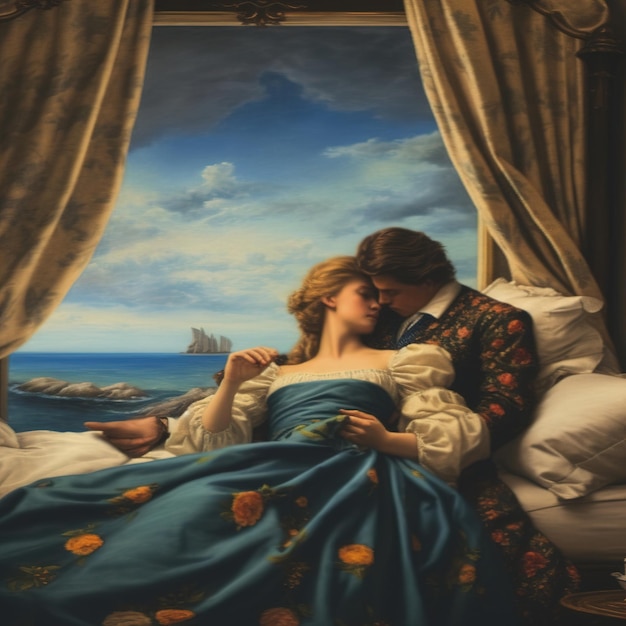 uma pintura de um casal na cama com a pintura de um navio ao fundo.