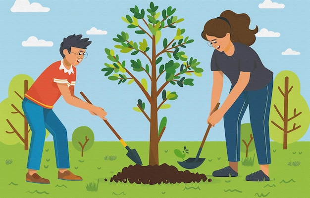 uma pintura de um casal plantando árvores com um homem e uma mulher