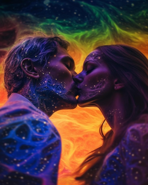 Uma pintura de um casal se beijando com as estrelas neles