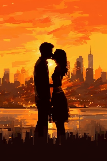 Uma pintura de um casal se beijando em frente ao horizonte de uma cidade.