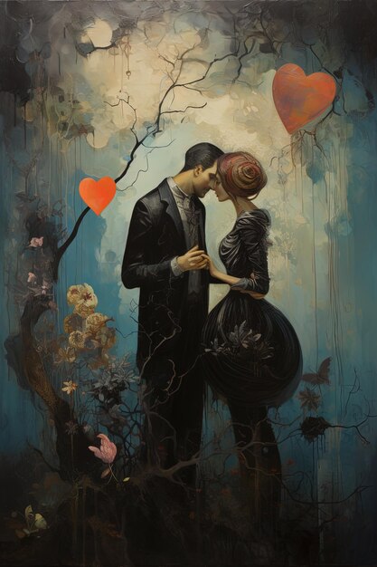 uma pintura de um casal se beijando em uma floresta com um coração no fundo