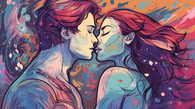 Uma pintura de um casal se beijando.