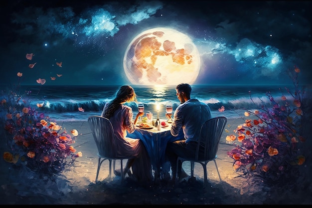 Uma pintura de um casal sentado em uma praia com a lua cheia ao fundo.