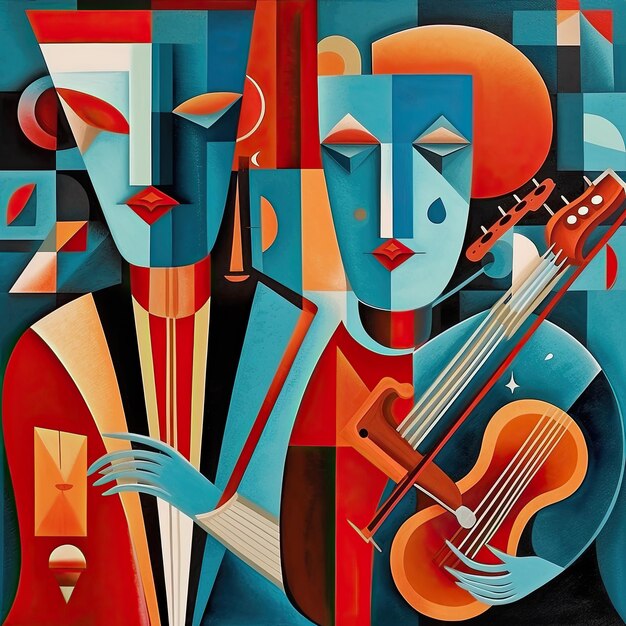 uma pintura de um casal tocando violão