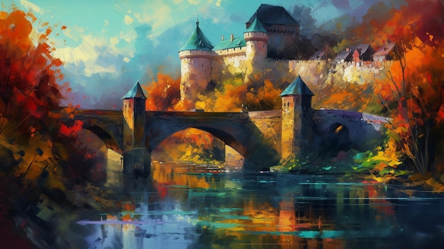 Uma pintura de um castelo à beira de um rio com uma ponte ao fundo.