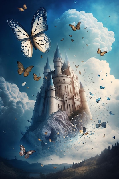 Uma pintura de um castelo com borboletas nele