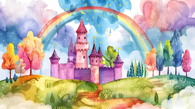 uma pintura de um castelo com um arco-íris no céu