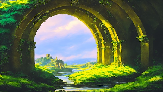 Uma pintura de um castelo com um castelo ao fundo.