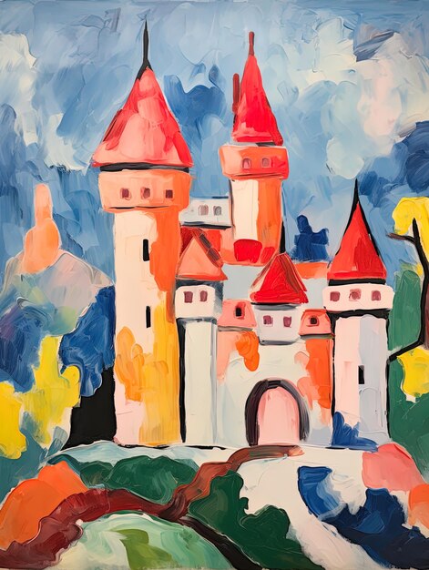 uma pintura de um castelo com um telhado vermelho e um castelo à esquerda