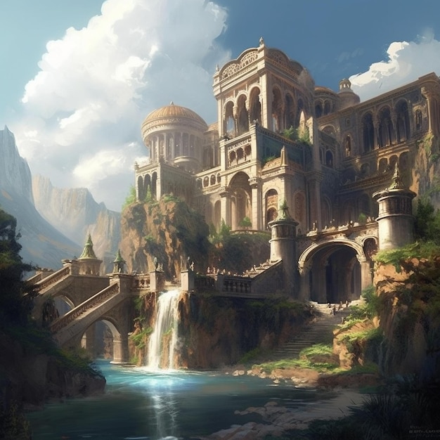 Uma pintura de um castelo com uma cachoeira ao fundo