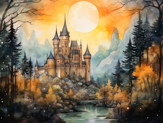 uma pintura de um castelo com uma lua cheia no fundo