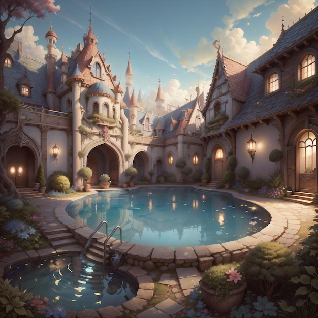 Uma pintura de um castelo com uma piscina no meio.