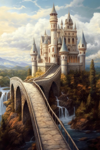 Uma pintura de um castelo com uma ponte ao fundo