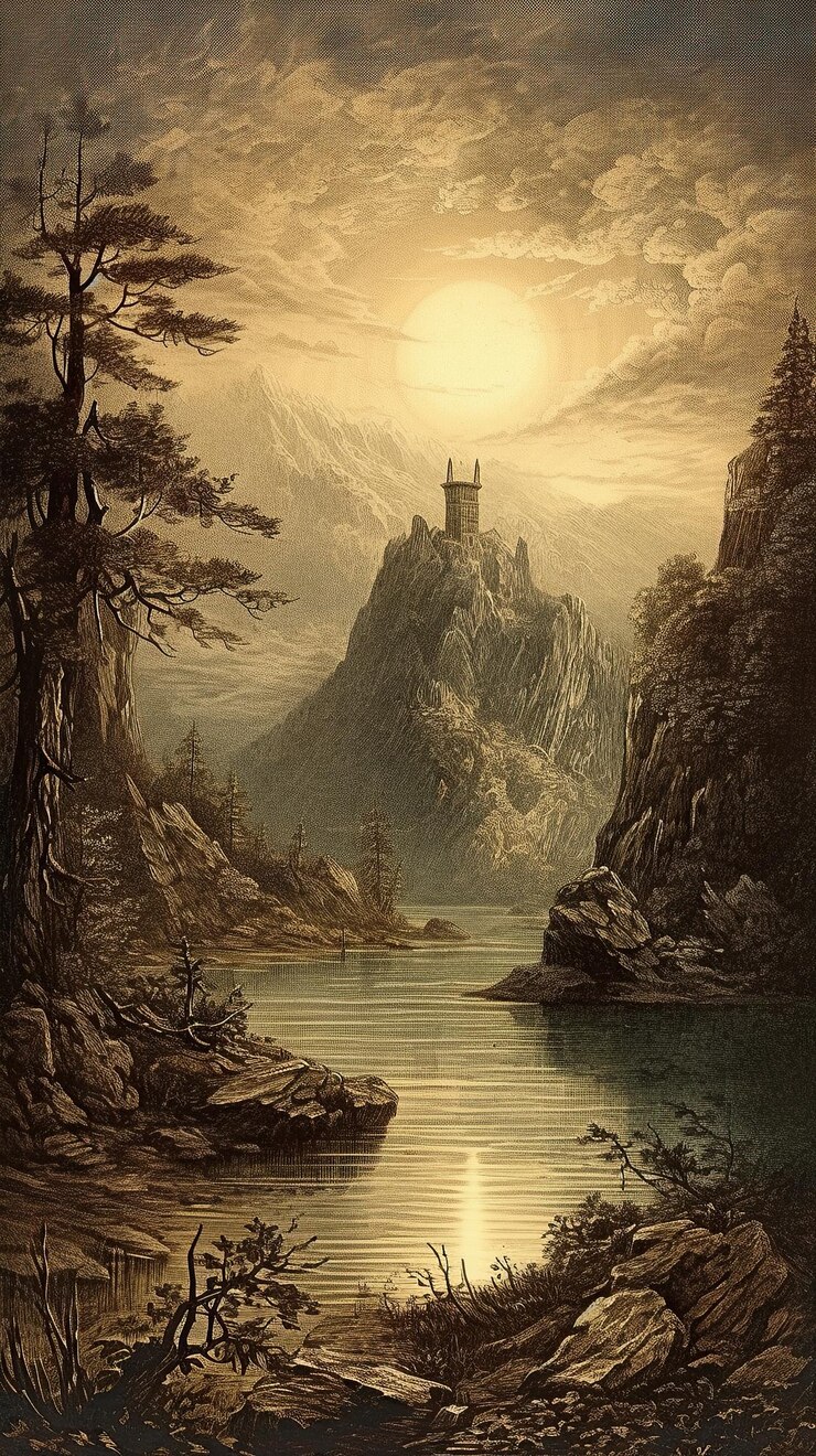 Foto uma pintura de um castelo em um penhasco com uma montanha ao fundo.