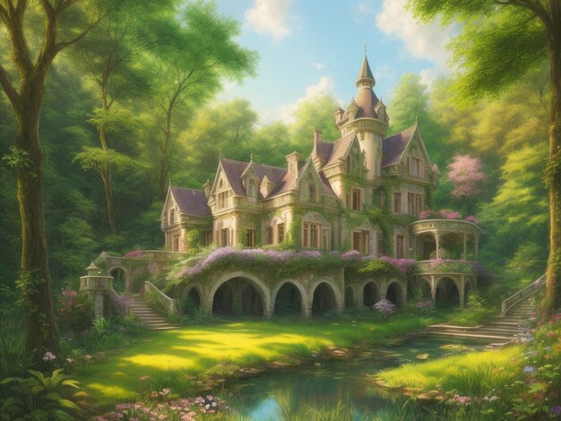 Uma pintura de um castelo na floresta