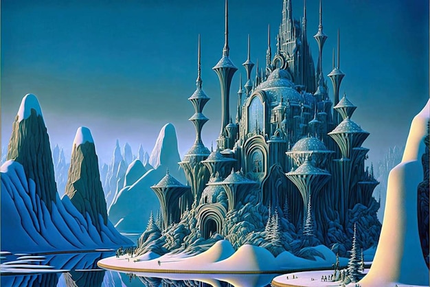 Uma pintura de um castelo na neve