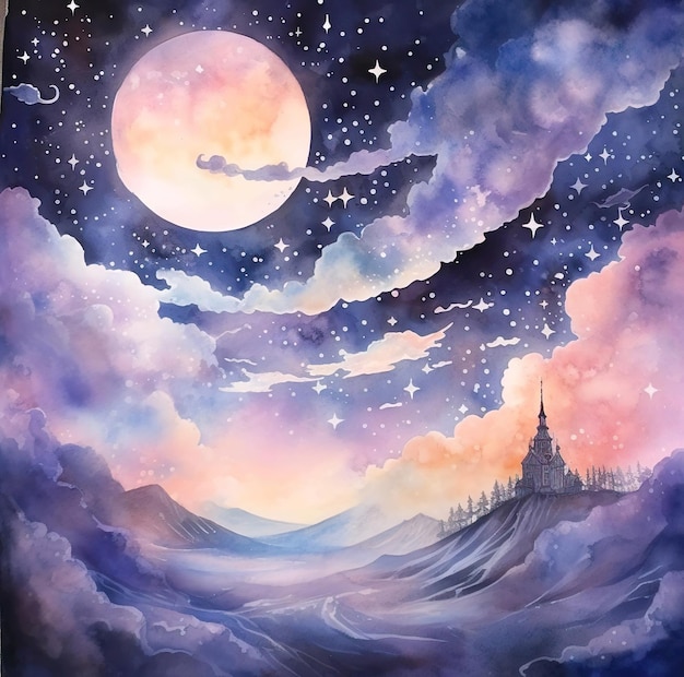 Uma pintura de um castelo no topo e lua cheia à noite