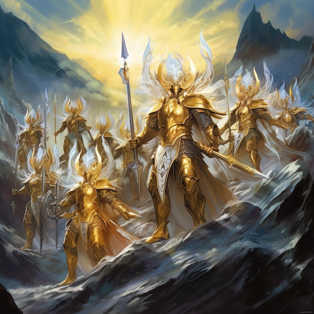 Foto uma pintura de um cavaleiro dourado e uma montanha com uma espada