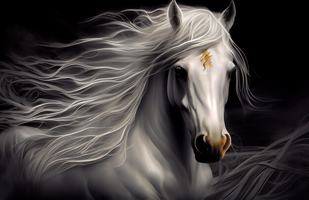 Uma pintura de um cavalo branco com IA generativa de cabelo comprido