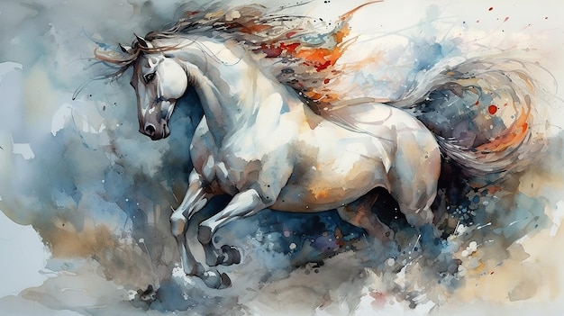 Uma pintura de um cavalo branco com uma chama na cauda