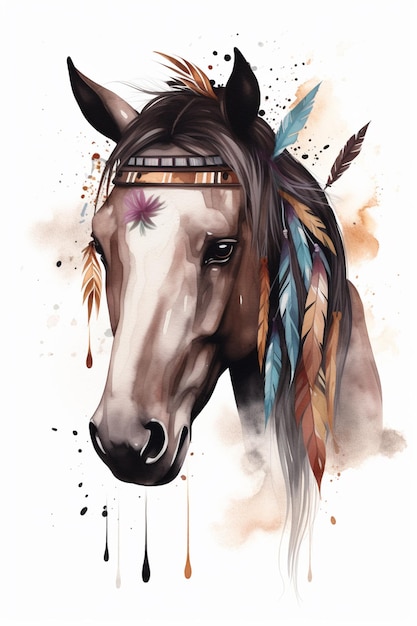 Uma pintura de um cavalo com penas na cabeça