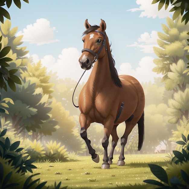 Uma pintura de um cavalo com um céu azul ao fundo.