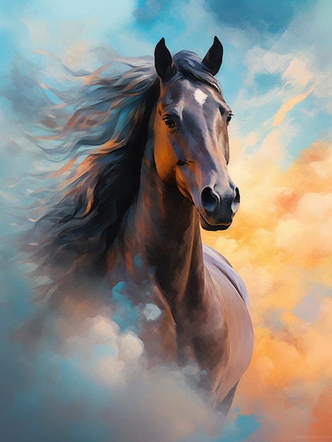 Uma pintura de um cavalo com um céu nublado ao fundo.