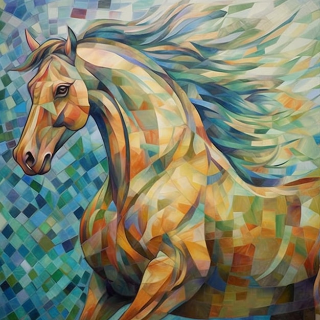 Uma pintura de um cavalo com um fundo azul