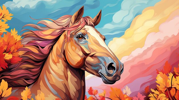 uma pintura de um cavalo com uma crina colorida