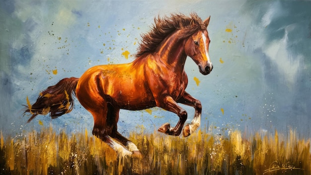Foto uma pintura de um cavalo com uma crina marrom e pés brancos