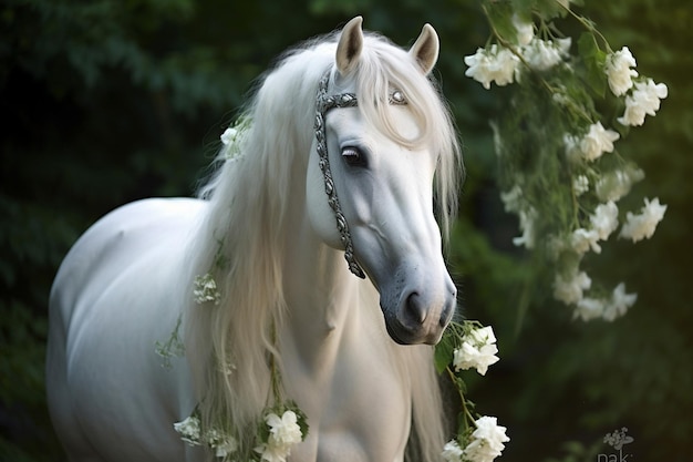 Uma pintura de um cavalo com uma crina preta e branca