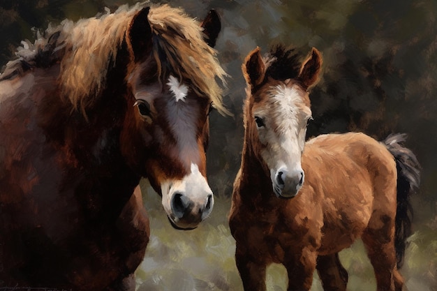 Uma pintura de um cavalo e seu potro