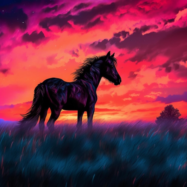 Uma pintura de um cavalo em um campo com um pôr do sol ao fundo.