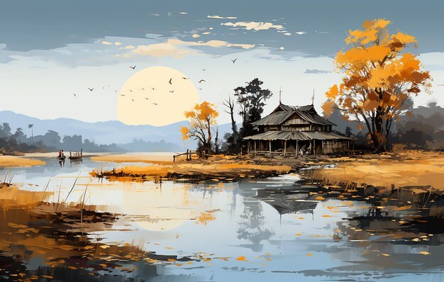 Uma pintura de um celeiro no outono está no rio