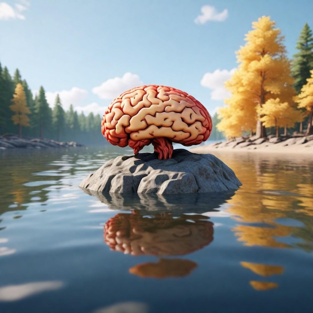 uma pintura de um cérebro em uma rocha com árvores no fundo