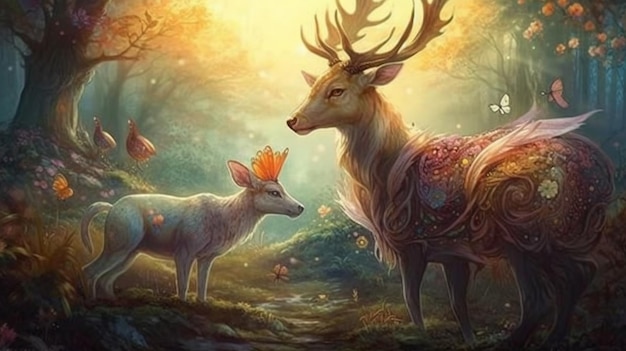 Uma pintura de um cervo com um cervo nele