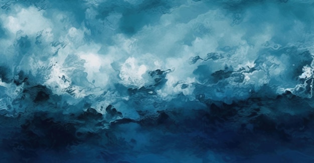 Uma pintura de um céu azul com nuvens e as palavras "o mar" na parte inferior.