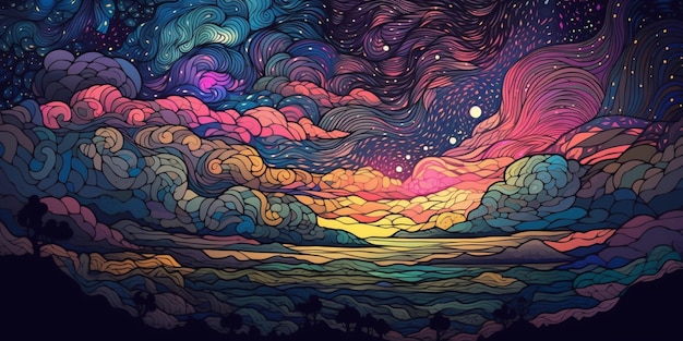 Uma pintura de um céu colorido com nuvens e estrelas generativas ai