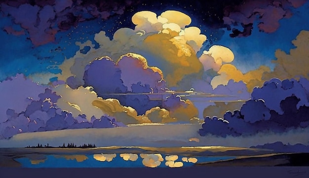 Uma pintura de um céu com nuvens e a lua