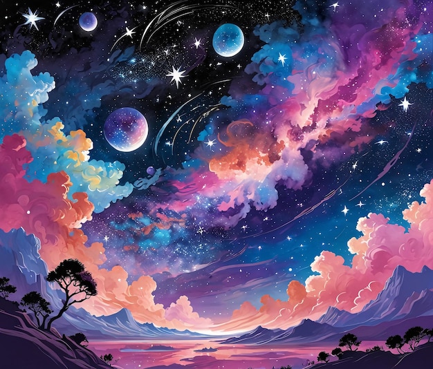 uma pintura de um céu noturno com estrelas e planetas