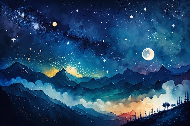 Uma pintura de um céu noturno estrelado com a lua ao fundo.