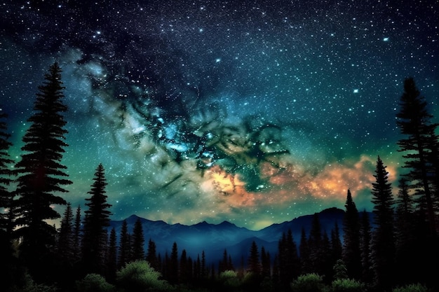 Uma pintura de um céu noturno estrelado com uma montanha e árvores em primeiro plano.