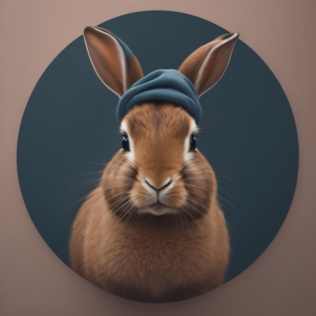 Uma pintura de um coelho com um gorro azul na cabeça.