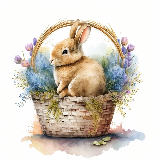 Uma pintura de um coelho em uma cesta